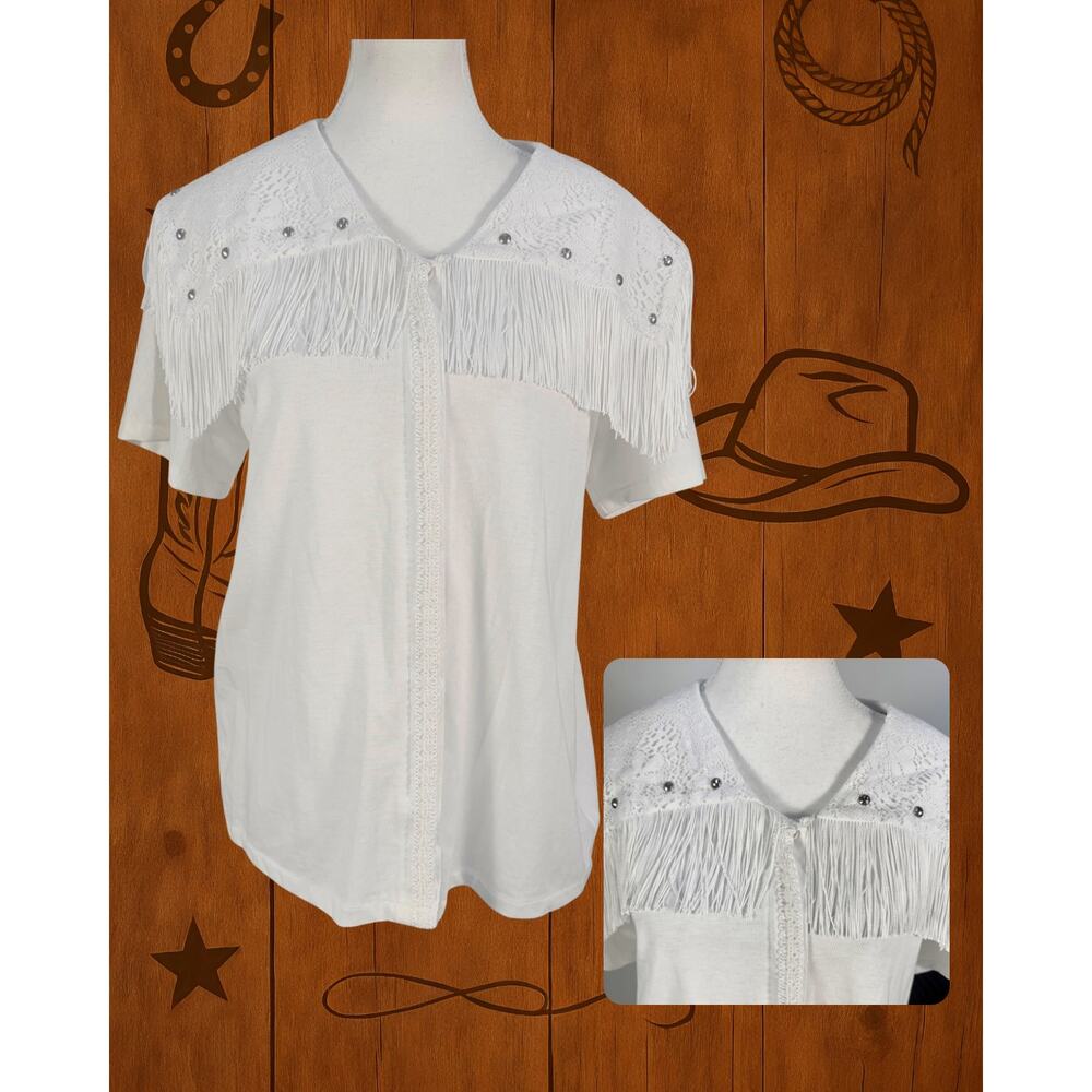 Vintage 80s Sas'sa White Fringed Studded Lace Collar Western Casual Shirt Size L
